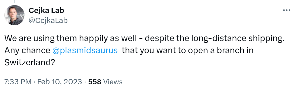 We are using them happily as well - despite the long - distance shipping. Any chance @plasmidsaurus that you want to open a branch in Switzerland?